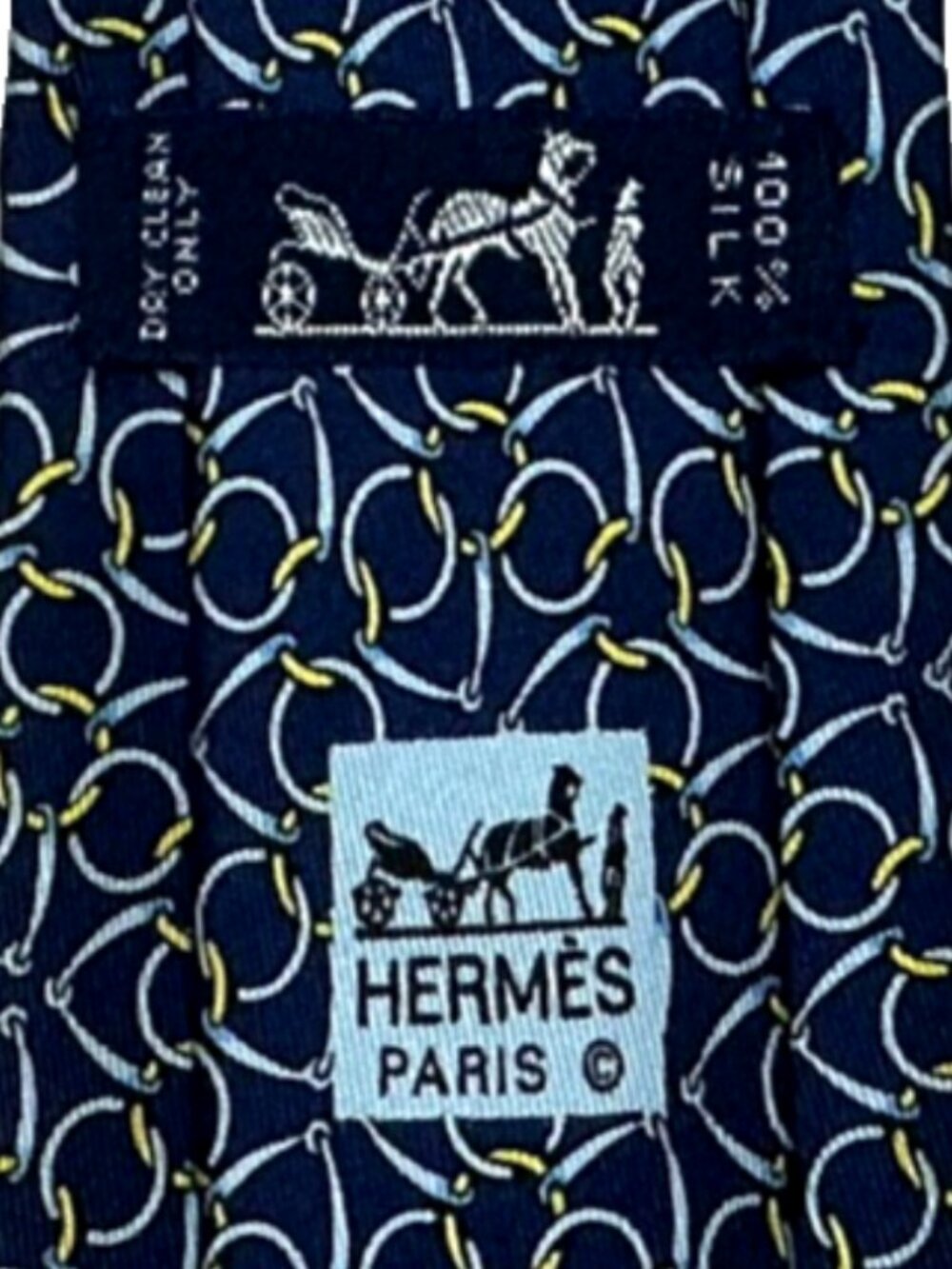 HERMES Chaine d'Ancre Navy Blue Silk Tie  Equestrian Stirrup 7580 SA 3" x 60.75"